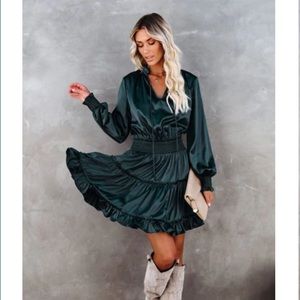 Green Satin Longsleeve Dress